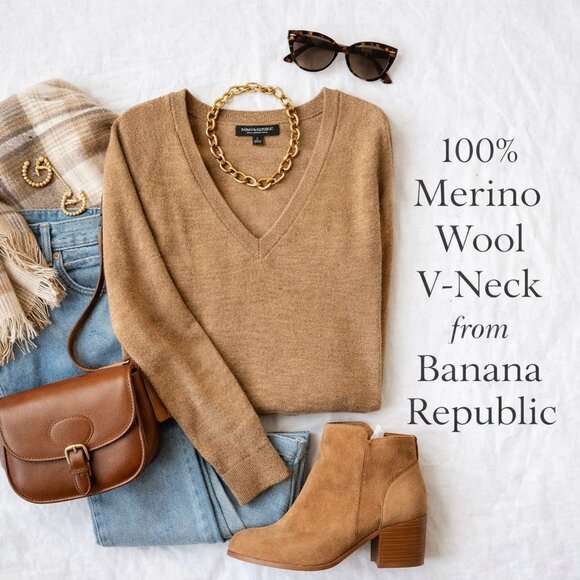 Banana Republic 100% Merino Wool V-Neck Sweater | Camel Tan Lightweight L - Picture 9 of 9